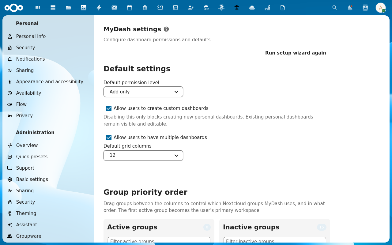 MyDash admin settings page