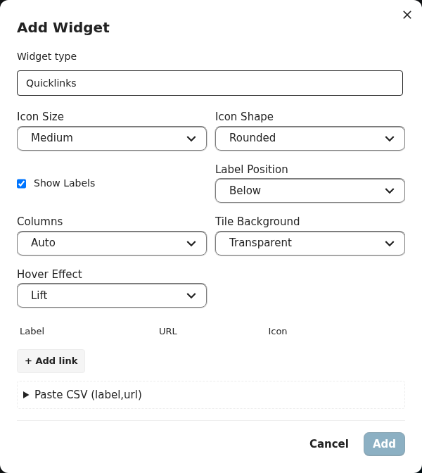 Add Widget — Quicklinks